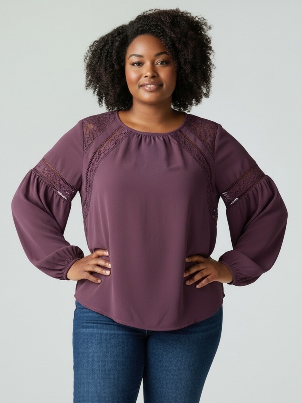 Ann Taylor Plum Lace-Panel Balloon Sleeve Blouse L